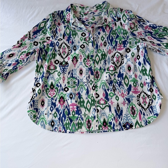 Chico's White Ikat Print Button-Up Shirt with Green, Blue and Pink Accents - Picture 4 of 11